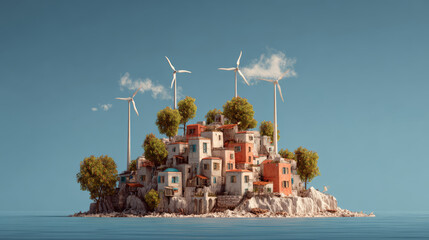 A picturesque island village embraces a sustainable future with wind turbines and a clear sky.
