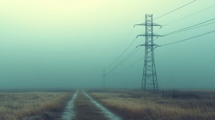 Electricity transmission power pylon towering in the distance, representing the essential role of energy infrastructure in modern society.