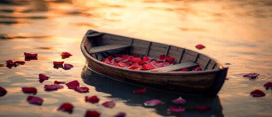 Obraz premium Small wooden boat and scattered rose petals floating on calm water at golden hour. Mock up for love, romance, and emotional visual concepts.