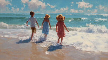 Three children run into the ocean on a sunny beach day.