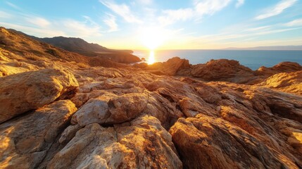 A breathtaking sunset scene showcasing vibrant colors reflected over the rocky shoreline and tranquil ocean waves, evoking a sense of peace and natural beauty at dusk.