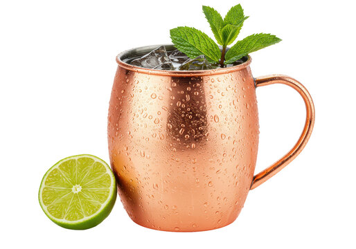 Isolated Refreshing Moscow Mule in Copper Mug with Lime