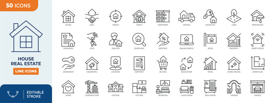 House or Real estate line editable icons set. Containing house, real estate, property, buying, key, building, renting, home, and more. Editable stroke. Vector illustration.