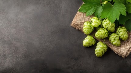 Close-up of vibrant green hop cones on burlap fabric, showcasing their texture and color, ideal for brewing, emphasizing the agricultural aspect of hop cultivation.