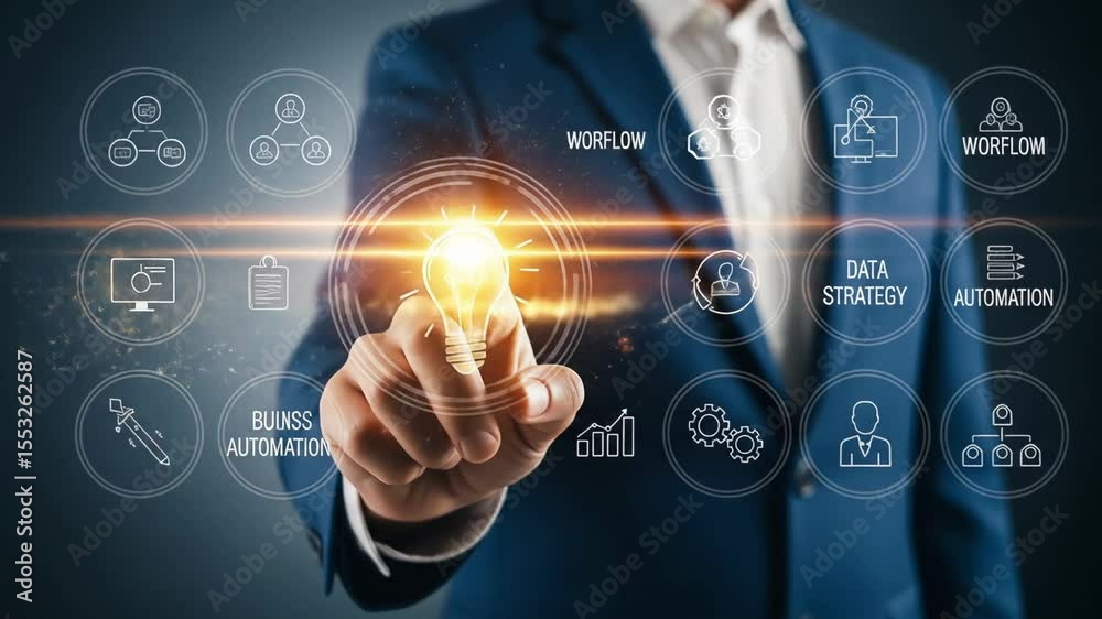 Aufkleber Business automation and workflow management with digital data strategy and innovation technology solutions for modern business, featuring virtual light bulb icon representing digital transformation