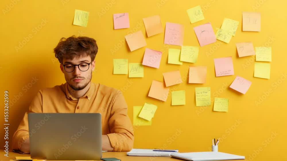 Poster young businessman with eyeglasses using laptop, sitting at desk with colorful sticky notes on yellow
