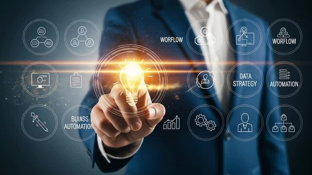 Business automation and workflow management with digital data strategy and innovation technology solutions for modern business, featuring virtual light bulb icon representing digital transformation