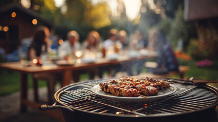 Delicious grilled skewers are the centerpiece of a lively outdoor barbecue party with friends and family.