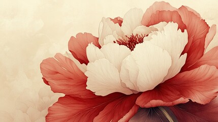 Elegant Crimson and Cream Peony Blossom: Floral Illustration with Refined Color Palette