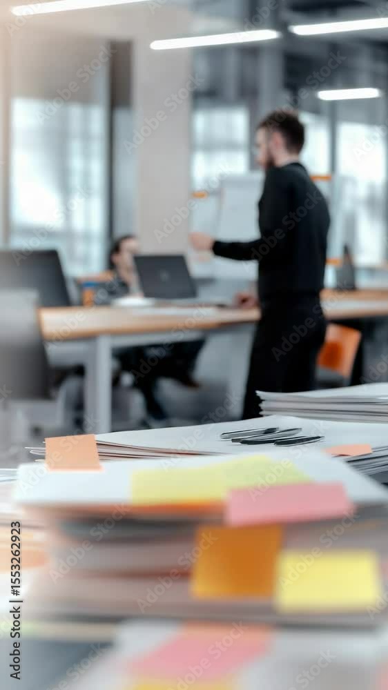 Poster Stack of paperwork with colorful sticky notes sits on a desk in a busy office, suggesting a demanding workload and the need for organization