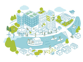 水辺のまちづくり 　アイソメトリックイラスト