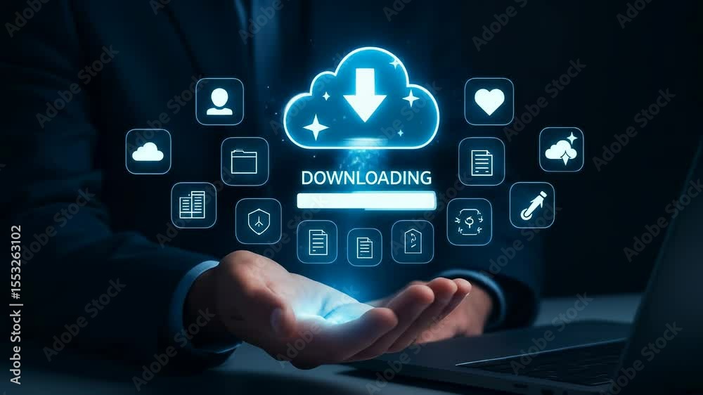 Aufkleber Cloud Downloading Technology Data Transfer Digital Internet Storage Futuristic Innovation Glowing Icons Business Hand Progress Bar Network Online Information Communication Modern Connection Virtual