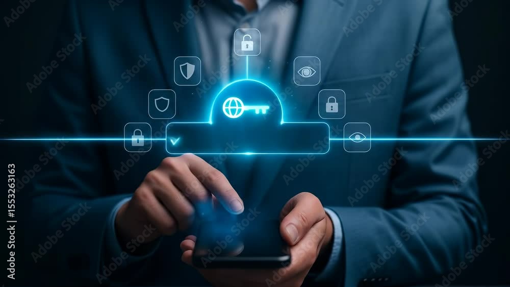 Aufkleber Cybersecurity and data protection for businessman using smartphone with digital lock icons, secure login interface, privacy, internet safety, technology, and encryption concepts for online security