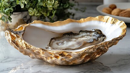 Elegant Gold Oyster Shell Dish: Close-Up Product Shot of Luxe Home Decor Piece
