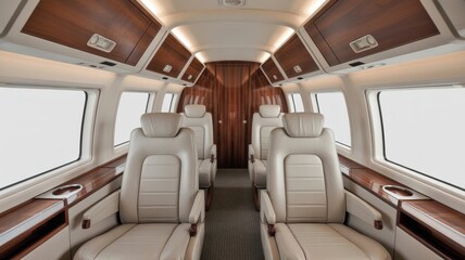 Luxurious interior of private jet with leather seating and wood accents