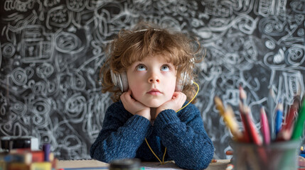 A cute little boy with headphones gazes upwards, lost in creative thought.