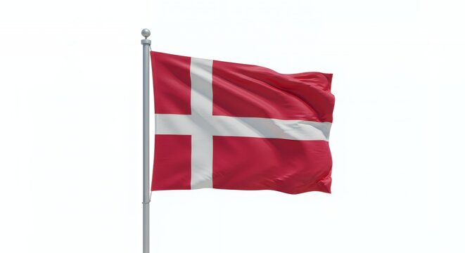Denmark's Dannebrog flag billows proudly against a crisp white sky.