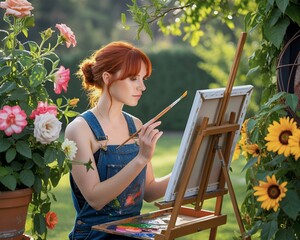 Red haired woman painting on a canvas in a garden surrounded by flowers and greenery outdoors on a sunny day