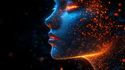 Woman's face formed by glowing particles on dark background