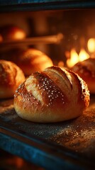 Freshly baked bread in a warm oven with golden crust and sesame seeds, capturing the essence of artisanal baking