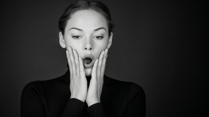 A beautiful woman expresses surprise with her hands on her cheeks.