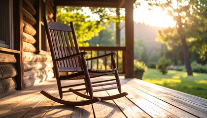 Vintage rocking chair resting on wood porch in peaceful morning glow