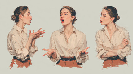Artwork of a woman displaying a range of emotions, including surprise and anger.