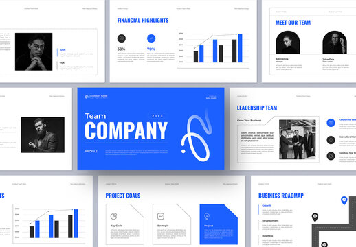 Modern Company Team Portfolio Presentation Template with Blue Accents