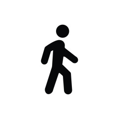 Black walking person icon on white background. Minimalist human figure used in wayfinding, pedestrian signage, apps, or navigation systems. Simple and clean vector silhouette.