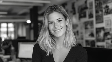A lovely young woman smiles directly at the camera in a black and white office portrait.