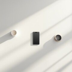 Minimalist smartphone layout with ceramic cup and vase on light surface