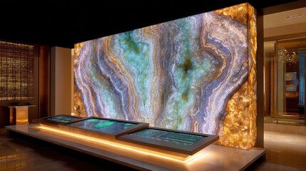 Smart data visualization interface on luxury marble slab, ambient gold lighting, colorful abstract texture, tech business style