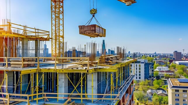 Tower Crane Hoisting Panel Above City Skyline During Urban Construction
