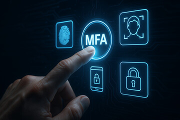 Businessman Pressing Virtual MFA Button – Multi-Factor Authentication in Cloud Computing with SaaS, PaaS, IaaS, and AWS Integration. MFA Concept with Biometric, OTP, and Face Recognition – Advanced 

