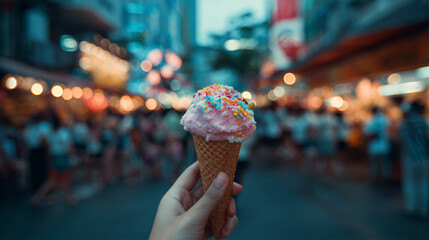 Close-up of a hand holding a colorful ice cream cone at a market.