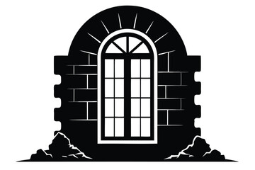 Old Stone Arch Window with Dividing Panes and Brick Frame Silhouette Illustration
