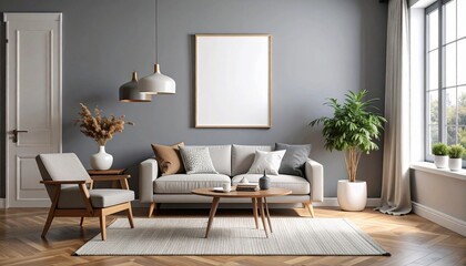 Modern living room with gray accent wall and empty wall poster mockup. Ideal for showcasing artwork, ad design, or photography in a clean and stylish interior