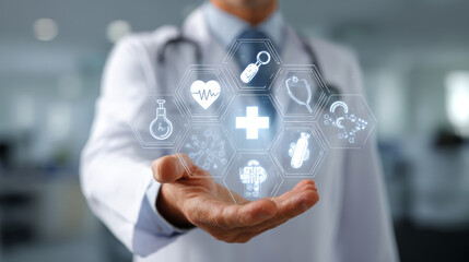 A doctor displays a network of medical symbols representing healthcare innovation.