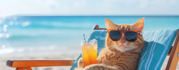 A relaxed cat wearing sunglasses enjoys a tropical drink while lounging on a beach chair by the ocean.
