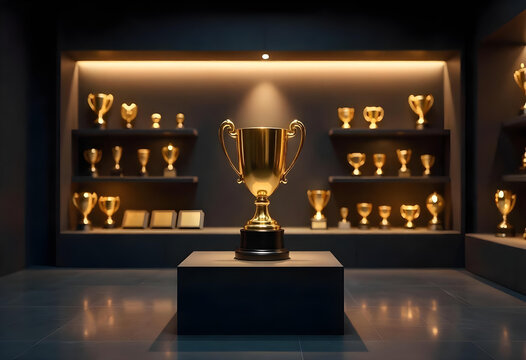 Single Gold Trophy with Background of Smaller Awards in Sleek Modern Display Room

