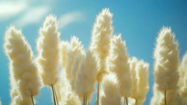 A bright and clear day with natural light filtering through clouds, illuminating the golden foxtail grass in the breeze.
