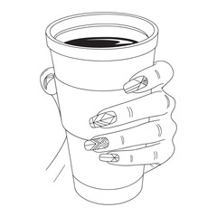 Hand holding coffee cup with geometric nail art drink