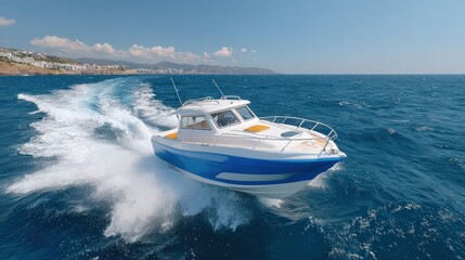 Powerful Speedboat Leaving Clean Wake on Blue Ocean Waters