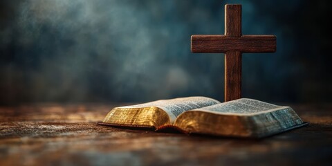 Beautifully detailed Bible with a wooden cross set against a moody backdrop of soft light and shadows