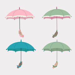 Set of colored umbrellas in hand. White woman hand. Colored woman hand. Umbrella with frills. Vector flat illustration of umbrellas