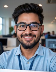 Obraz premium Employee portrait modern office professional headshot bright environment close-up business culture
