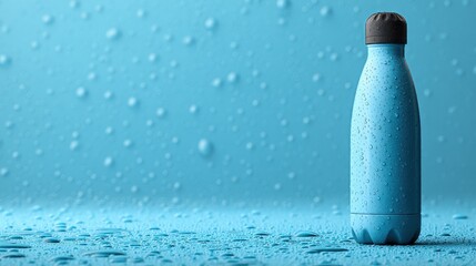 Close up of a blue reusable water bottle covered in water droplets on a blue background