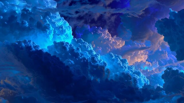 Dreamlike Blue Cloudscape - A breathtaking view of vibrant blue and purple clouds illuminated from within, creating a surreal and ethereal atmosphere.