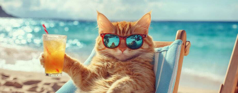 A relaxed cat wearing sunglasses enjoys a tropical drink while lounging on a beach chair by the ocean.
