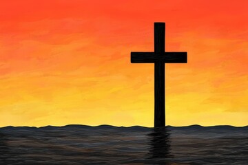 Black Cross Silhouette Against Vibrant Sunset